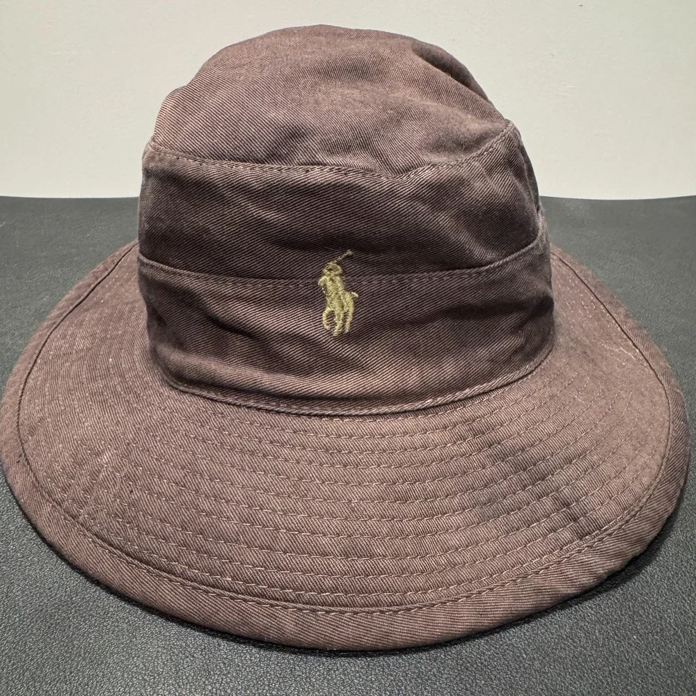 Polo Ralph Lauren Bucket Hat Cap Large Brown Yellow Pony Embroidered Y2K USA VTG